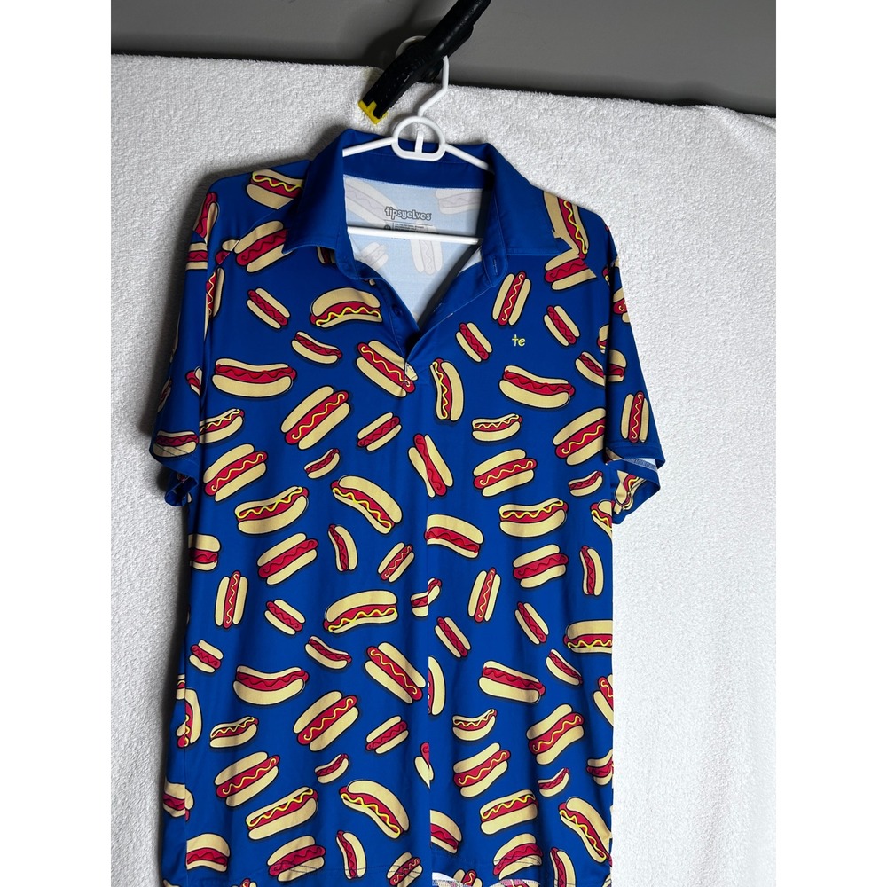 Tipsy Elves Mens Hot Dog Print Polo Shirt Blue Short Sleeve Size M BBQ Golf